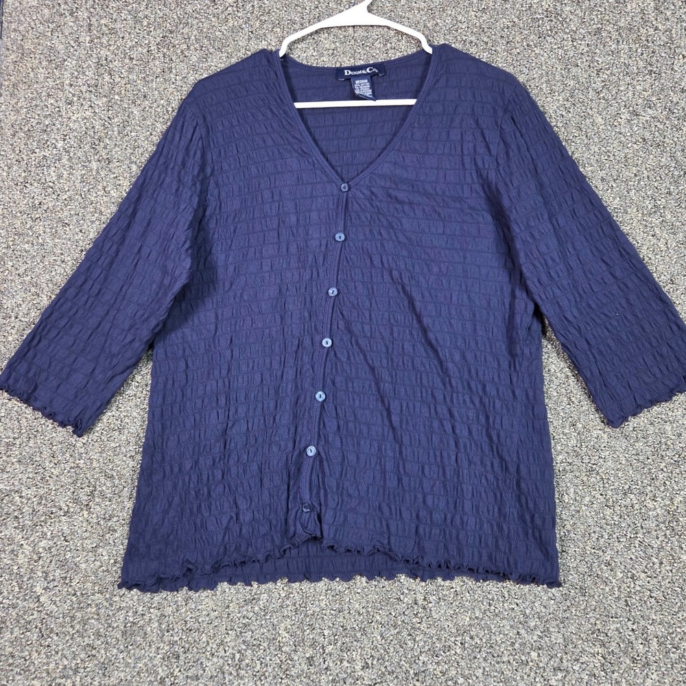 Denim‎ & Co Cardigan Women Medium Navy Blue Textured Button Front 3/4 Sleeve